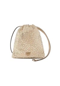 Sacca beige con strass, chiusa con cordoncino, dalla texture liscia, con una singola tracolla e un piccolo logo sul davanti.