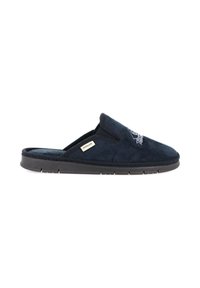 Pantofole slip-on in suede blu navy con una parte superiore testurizzata, suola nera flessibile e logo ricamato sul davanti.