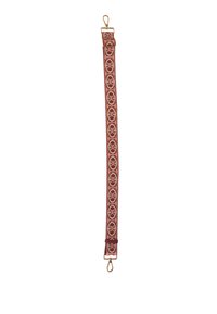 Cinghietto in tessuto regolabile caratterizzato da un motivo geometrico in rosa e beige, con hardware in tonalità oro ad ogni estremità per il fissaggio.