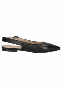 Ballerine slingback in pelle nera con punta affusolata, caratterizzate da un sottile dettaglio vicino al tallone e una superficie liscia. Design casual e versatile.
