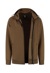 Bruine rits-hoodie met twee zijzakken, geribde manchetten en verstelbare koordjes op de capuchon.