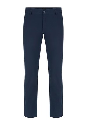 Granatowe spodnie o dopasowanym kroju, z zapięciem na guzik i zamek błyskawiczny, szlufkami na pasek oraz gładkim przodem.