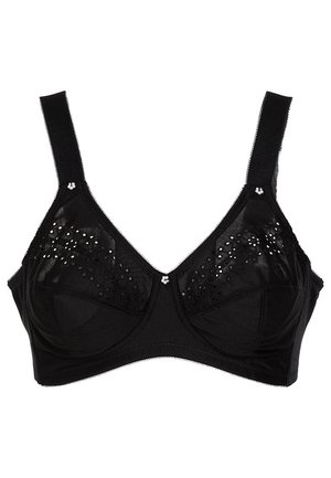 Soutien-gorge noir avec armatures et haut en dentelle transparente, perles décoratives et bretelles ajustables. Tissu lisse avec un design structuré.