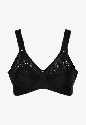 Reggiseno nero con ferretti, cima in pizzo trasparente, decorazioni di perline e spalline regolabili. Tessuto liscio offerto con un design strutturato.