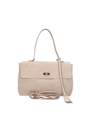 Beżowa skórzana torebka na ramię z klapką, górnym uchwytem oraz odpinanym paskiem na ramię z elementami w złotym kolorze.