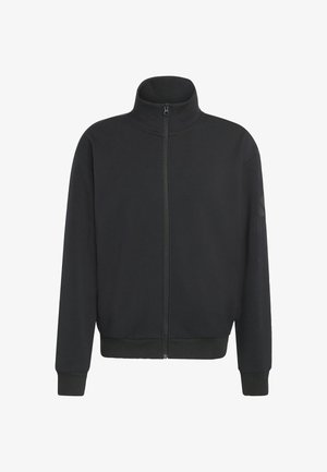 Svart zip-up jacka med hög krage, ribbade ärmslut och nederkant, tillverkad av mjukt tyg. Har en minimalistisk design utan synlig branding.