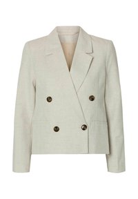 Dobbeltbrystet blazer i lys beige hør med to store brune knapper, spidse lapeller og lange ærmer; glat tekstur og skræddersyet pasform.