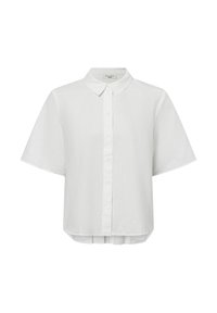 Witte short-sleeve shirt gemaakt van textuurstof, met een klassieke kraag en een knoopsluiting aan de voorkant. Ronde onderkant.