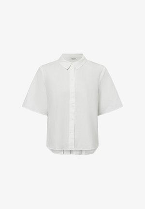 Witte short-sleeve shirt gemaakt van textuurstof, met een klassieke kraag en een knoopsluiting aan de voorkant. Ronde onderkant.