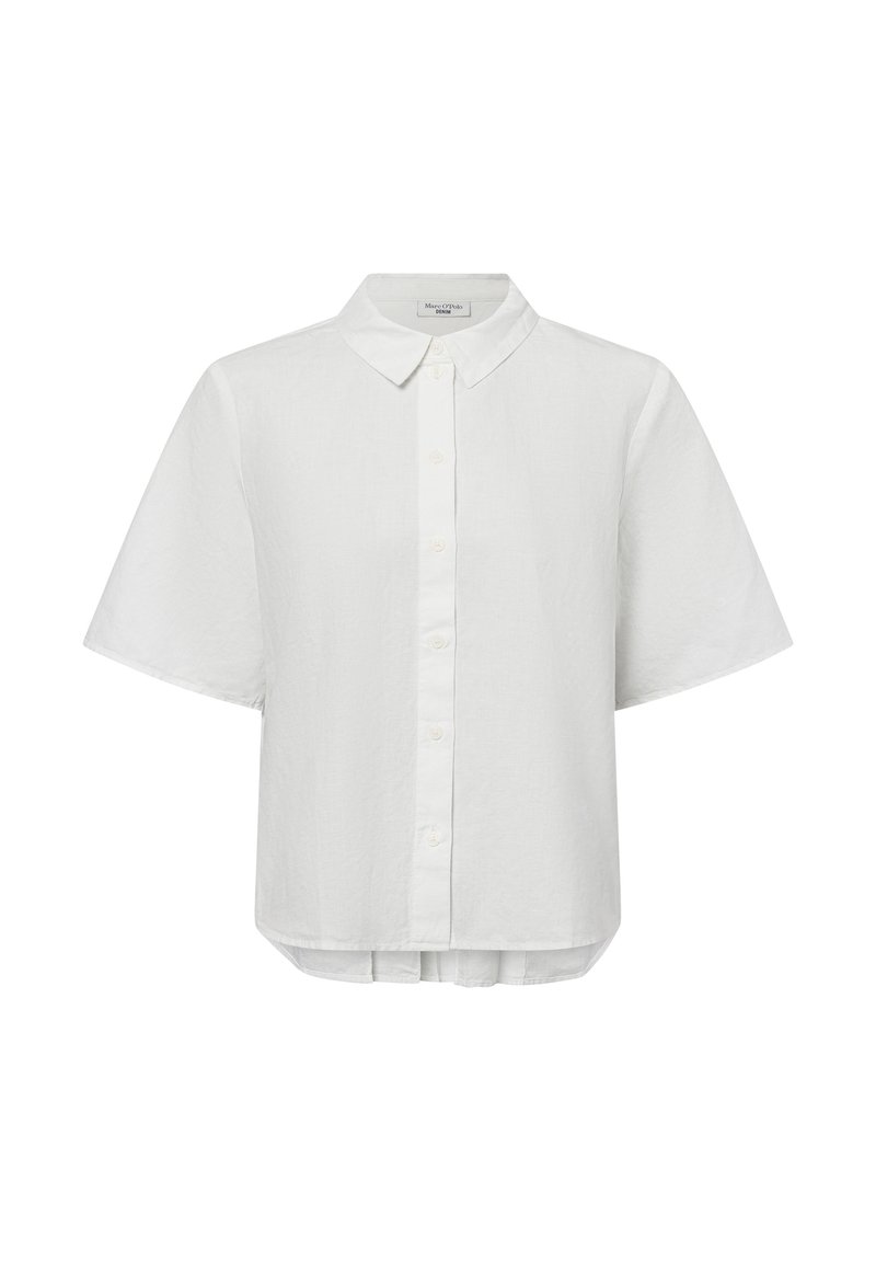 Witte short-sleeve shirt gemaakt van textuurstof, met een klassieke kraag en een knoopsluiting aan de voorkant. Ronde onderkant.