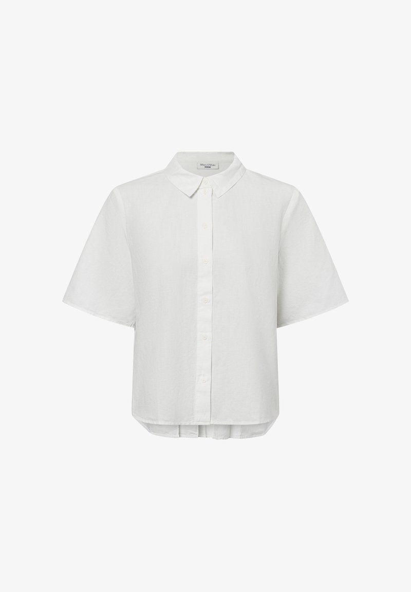 Witte short-sleeve shirt gemaakt van textuurstof, met een klassieke kraag en een knoopsluiting aan de voorkant. Ronde onderkant.