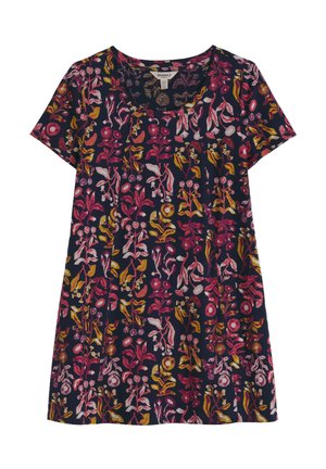 Rochie bleumarin cu mâneci scurte, cu model floral multicolor în roz, galben muștar și alb, având decolteu rotund.