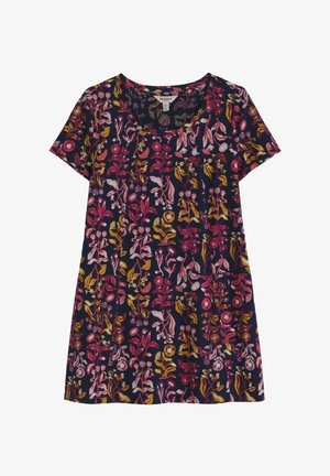 Tamnoplava haljina kratkih rukava s višebojnim cvjetnim uzorkom u ružičastoj, senf žutoj i bijeloj boji, s okruglim izrezom na vratu.