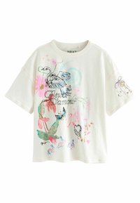 T-shirt en coton blanc avec des motifs imprimés color�és de oiseaux, fleurs, papillons et lapins. Manches courtes avec une coupe décontractée.