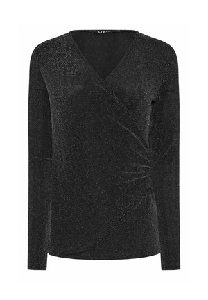 Zwarte lange mouw wikkeltop met een subtiele glinsterende textuur en geplooid detail aan de zijkant, met een V-hals.