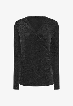 Top negro de manga larga cruzado con una sutil textura brillante y detalle fruncido en el lateral, con escote en V.
