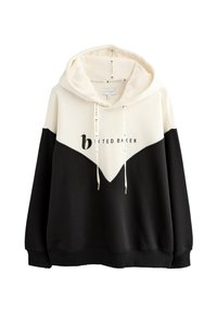 Schwarzer und cremefarbener Hoodie mit einem V-förmigen Farbblock-Design. Verfügt über eine Kapuze mit Kordelzug, Logo und geripptes Saumbündchen. Weiches, strukturiertes Material.