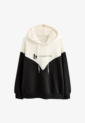 Sudadera con capucha en negro y crema con un diseño de bloques de color en forma de V. Cuenta con capucha con cordón, logo y borde inferior acanalado. Material suave y texturizado.