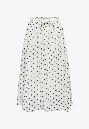 Witte midi-rok met zwarte polkadots, elastische tailleband en een strik aan de voorkant, vloeiende stof en lichte plooien.