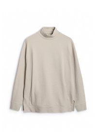 Pull beige texturé à manches longues avec un col cheminée et des fentes latérales sur l'ourlet, présenté à plat sur fond blanc.
