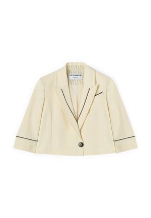 Kremfarvet cropped blazer med sort piping på revers, manchetter, enkelt foran knap og brystlomme, med en skræddersyet krave og lange ærmer.