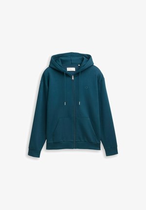 Felpa con zip di colore verde acqua, realizzata in tessuto morbido, con tasca a marsupio, cappuccio regolabile con cordino e polsini a coste. Presenta un logo sul petto.