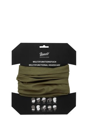 Olívazöld multifunkcionális fejkendő fekete kartondobozban, amely tíz viselési módot mutat, beleértve az arcmaszkot, fejpántot és balaklávát.