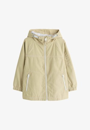 Beige Kapuzenjacke mit Frontreißverschluss, elastischen Bündchen, zwei seitlichen Reißverschlusstaschen und weißen Kordeln an der Kapuze.