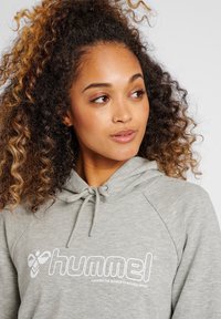 Grå hoodie med dragsko, med vitt logotyp och text. Mjuk textur, raglanärmar och en avslappnad passform.