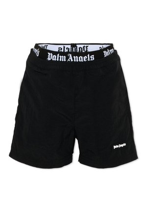 Czarne szorty z elastycznym pasem z napisem „Palm Angels” białą gotycką czcionką, małe logo „Palm Angels” z przodu na lewej nogawce.