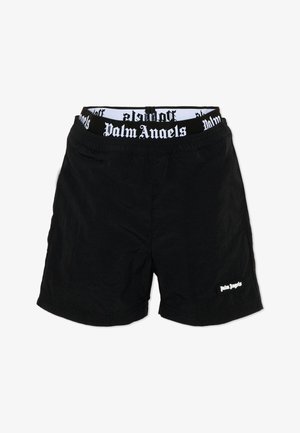 Czarne szorty z elastycznym pasem z napisem „Palm Angels” białą gotycką czcionką, małe logo „Palm Angels” z przodu na lewej nogawce.