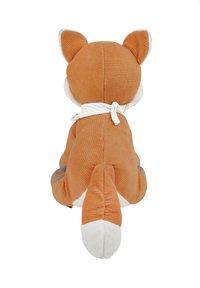 Plush fox toy with an orange corduroy body, white accents on ears and tail, and a light green striped scarf tied around the neck.