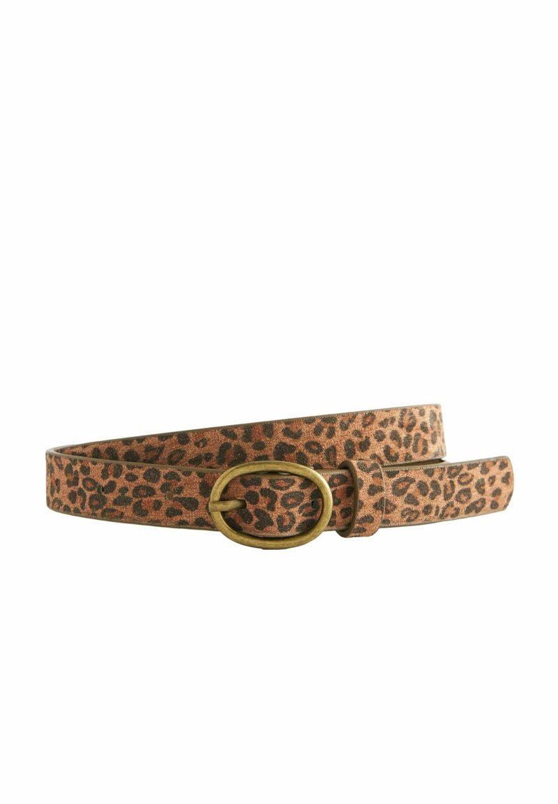 Leopard-Print-Gürtel aus texturiertem Material, mit einer großen ovalen antikmessingfarbenen Schnalle und einem glatten Riemen mit spitz zulaufendem Ende.