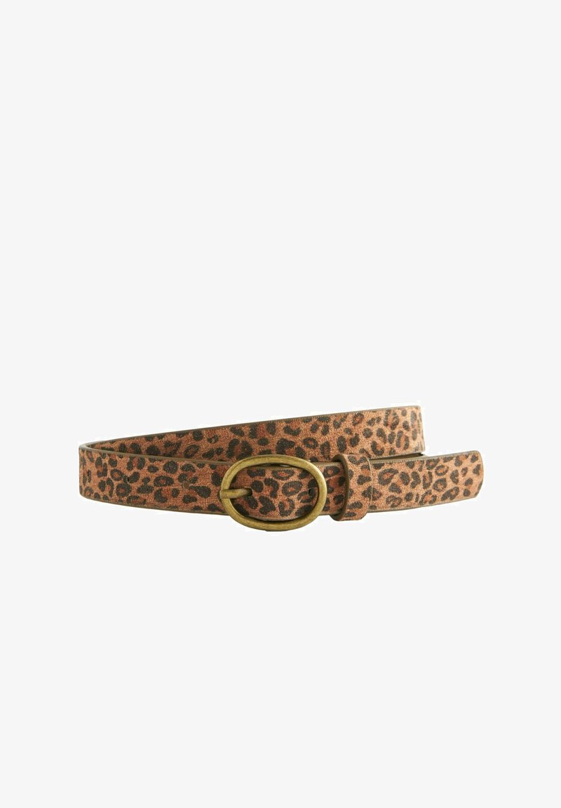 Læderbælte med leopardprint lavet af struktureret materiale, med en stor oval antik messing spænde og et glat rem med en spidset ende.
