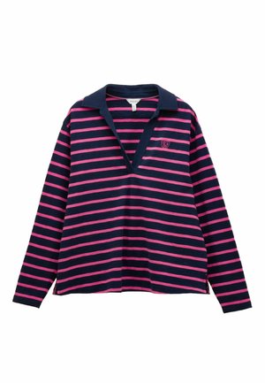 Navy ir rožinė juostuota ilgomis rankovėmis polo marškinėliai su V formos iškirpimu, kontrastiniu apykakle ir siuvinėtu logotipu ant krūtinės.