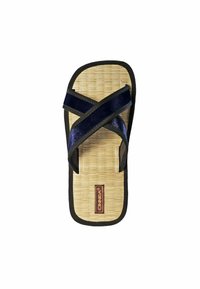 Schwarze und blaue Flip-Flops mit überkreuzten Riemen, fußbett aus Jutegestell und braunem Logo-Akzent. Flache Sohle, einfaches Design und strapazierfähiges Material.