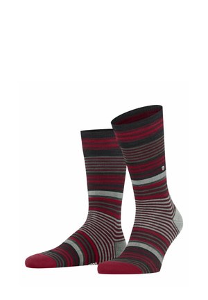Calzini a righe con un mix di colori rosso, grigio e nero. Presentano un polsino a costine e un design della punta rinforzato per una maggiore durata.