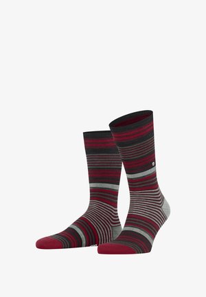 Calzini a righe con un mix di colori rosso, grigio e nero. Presentano un polsino a costine e un design della punta rinforzato per una maggiore durata.