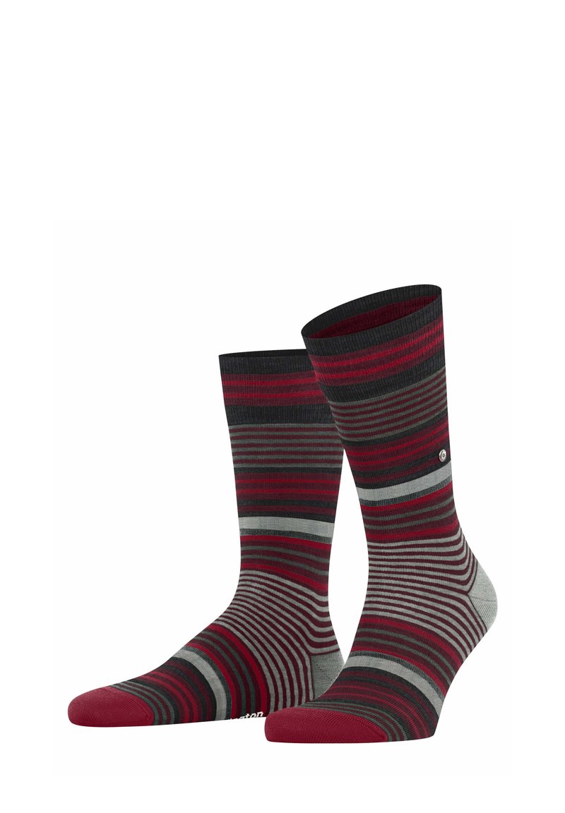 Calzini a righe con un mix di colori rosso, grigio e nero. Presentano un polsino a costine e un design della punta rinforzato per una maggiore durata.