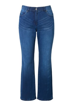 Jeans en denim bleu évasés avec une taille mi-haute, un design à cinq poches et des détails légèrement décolorés à l'avant et à l'arrière.