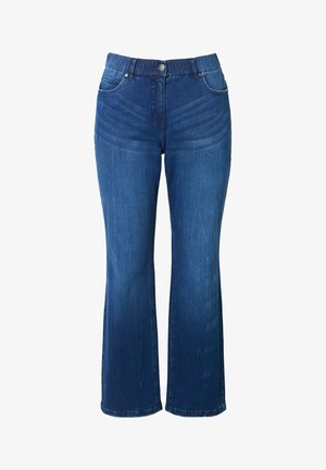 Jeans a zampa d'elefante in denim blu con vita alta, design a cinque tasche e leggero effetto sbiadito davanti e dietro.