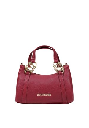 Borsa in pelle rossa con texture, manici doppi e dettagli in catena dorata, con logo Love Moschino in lettere dorate sul davanti.