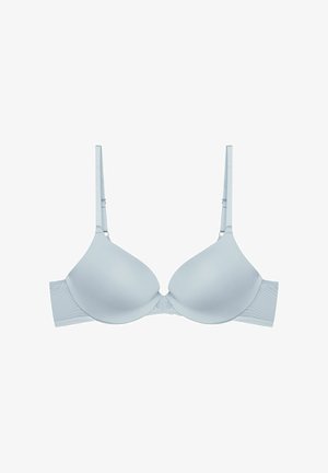 Jasnoniebieski biustonosz z gładkimi, wyściełanymi miseczkami, regulowanymi ramiączkami i teksturowanym pasem z tyłu dla dodatkowego wsparcia. Klasyczny design bielizny.