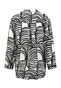 Zwart-wit gebloemde blouse met lange mouwen, een rechte snit en een rugpand met horizontale naden. Soepele stoftextuur.
