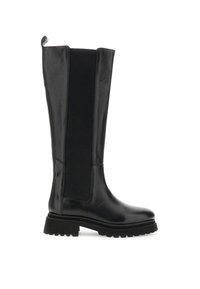 Bota de cuero negra hasta la rodilla con paneles elásticos en los costados, suela de goma gruesa y tirador en la parte superior para facilitar su uso. Textura suave.
