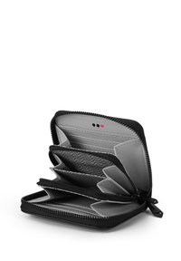 Black zippered wallet with multiple compartments and card slots; gray interior with textured patterns; lightweight material.