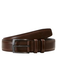 Ceinture en cuir marron avec une texture lisse, dotée d'une boucle en métal argenté et de deux passants en cuir. Comprend un détail embossé subtil.