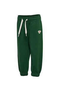 Gröna mjukisbyxor i mjukt tyg, med elastiskt midjeband och snörning samt mudd vid anklarna. Litet broderat logotypdetalj.