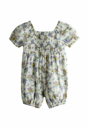 Blomster-infantdragt med smocket bryst, pufærmer, elastiske benåbninger, i hvidt stof med gule, blå og lilla blomster.