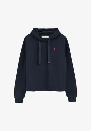 Marineblauer Hoodie mit langen Ärmeln, vorderen Kordelzügen, gerippten Bündchen und kleinem roten, gesticktem Polospieler-Logo auf der Brust.